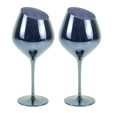 Imagem de Jeanne Fitz Taças de vinho azuis inclinadas, conjunto de 2. Taças de vinho exclusivas com haste longa para vinho tinto, 595 g, chique, moderna e elegante. Perfeito para todos os dias, casamentos e