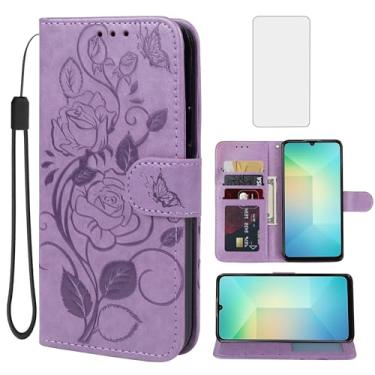 Imagem de Vavies Capa para Galaxy A06, capa carteira para Samsung A06 SM-A065F com protetor de tela de vidro temperado, capa flip de couro floral com suporte para cartão de crédito para Samsung Galaxy A06 roxo