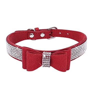 Imagem de Dogs Kingdom 25,4 cm - 60,96 cm de comprimento Lindo Pet Cão Veludo Laço Gravata Coleira Cachorro Puppy Cat Colar de strass de cristal completo ajustávelDogs Kingdom M:12.6-15" neck vermelho A4500302