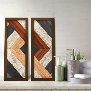 Imagem de Kit 2 Quadros Decorativos Lavabo Abstrato Madeira Ripa Marrom Bege Pre