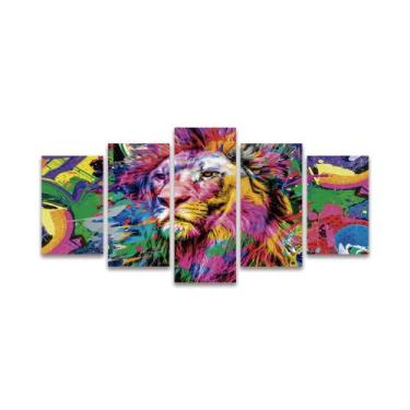 Imagem de Quadro Mosaico Decorativo Leão Surrealismo Grafite Colorido Sala Quart