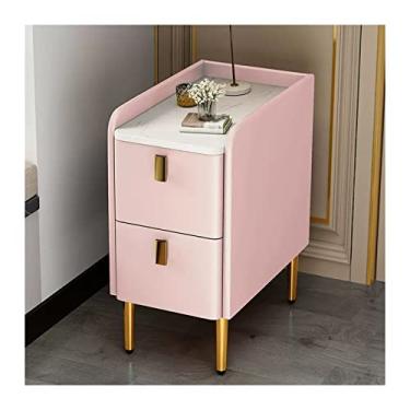 Imagem de Mesa de cabeceira rosa estreita mesa de cabeceira exclusiva de couro sintético com 2 gavetas e pernas de aço inoxidável, mesa de canto de madeira, móveis de armazenamento de quarto para meninas e