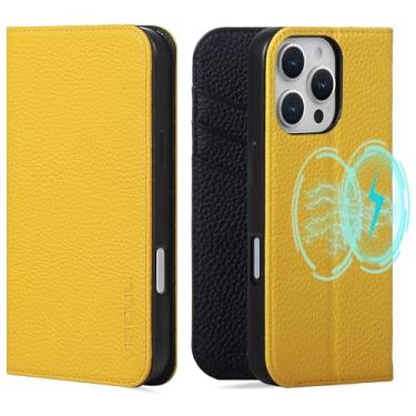 Imagem de VISOUL Capa de couro real com pedrinhas para iPhone 16 Pro com porta-cartões. Capa carteira de couro com suporte à prova de choque capa fólio compatível com iPhone 16 Pro (6,3 polegadas) (amarelo +