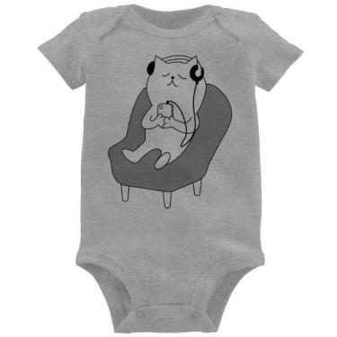 Imagem de Body Bebê Gatinho Ouvindo Música - Foca na Moda, Cinza, M