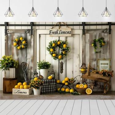 Imagem de Pano de fundo de folhas verdes limão fresco para sessão de fotos limão fruta celeiro porta de celeiro decorações de festa limonada fundo limão chá de panela chá de bebê pano de fundo de aniversário (7