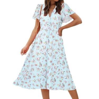 Imagem de ROYLAMP Vestido feminino floral com abertura de botão, decote V profundo, manga sino, casual, midi com bolsos, Floral azul-claro, M
