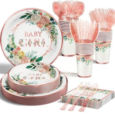Imagem de Ecomore Decorações de chá de bebê para menina - 175 peças de suprimentos de festa floral conjunto de louça descartável (25 convidados) prato de papel rosa ouro rosa copo garfos facas colher