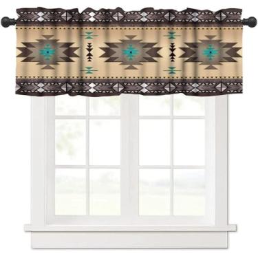 Imagem de Cortinas de saia indígenas astecas para cozinha, sanefas geométricas tribais do sudoeste para janela de cozinha, cortinas curtas estampadas étnicas navajo americanas para janelas pequenas, café,