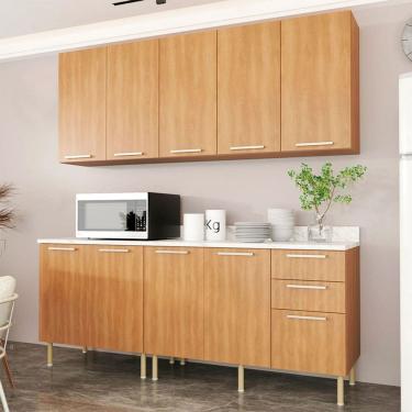 Imagem de Cozinha Compacta Girassol CZ1100 200cm 04 Peças 09 Portas e 03 Gavetas com Divisor de Talheres Freijó Mármore Branco Tecnomobili