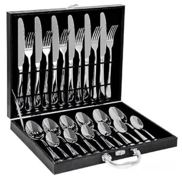 Imagem de Faqueiro Inox Conjunto Talheres 24 Pçs Maleta Madeira Alça Cor Preto
