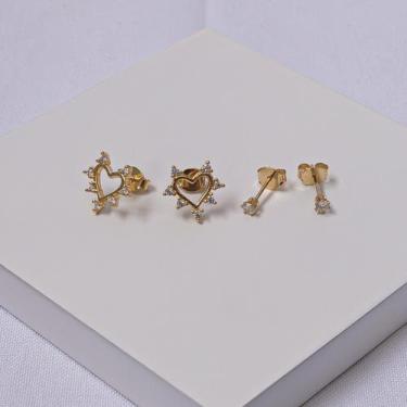 Imagem de Brincos Femininos Folheados a Ouro Coração e Zircônia - Ralifla Semijo