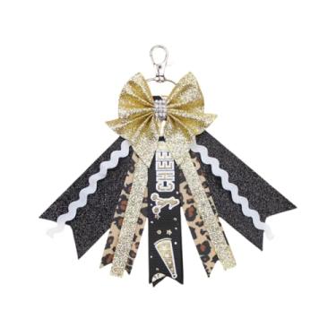 Imagem de Blue Drop Chaveiro com laço com estampa de leopardo com fita de glitter, futebol, basquete, dia de jogo, torcida, esportes, líder de torcida, escola, pingente, Preto, One Szie