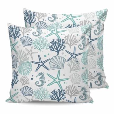 Imagem de HilariousM Pacote com 2 capas de almofada coral estrela do mar cavalo marinho concha exterior impermeável 45,7 x 45,7 cm, tema oceano, poliéster, capa decorativa para decoração de sofá de pátio
