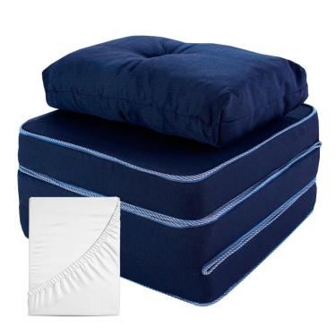 Imagem de Puff Multiuso com Lençol e Travesseiro Solteiro 3 em 1 em Tecido e Courvin bf Colchões