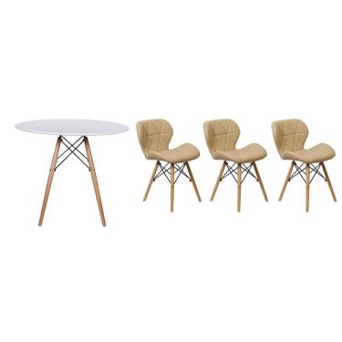 Imagem de Kit Mesa Jantar Eiffel 90cm Branca 03 Cadeiras Slim Nude