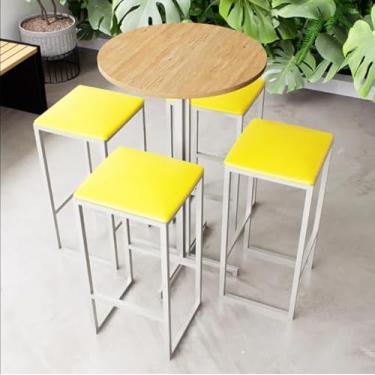 Imagem de Conjunto Mesa Alta Bar Bistrô Redonda Pinus 4 Bancos Estofado Industrial White (Amarelo)