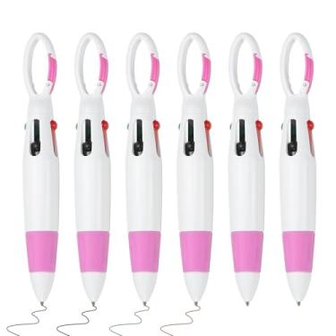 Imagem de PATIKIL Canetas esferográficas retráteis de 4 cores, 6 peças de caneta esferográfica de 1,0 mm com clipe de fivela, chaveiro para material de escritório, presente infantil, rosa vermelha