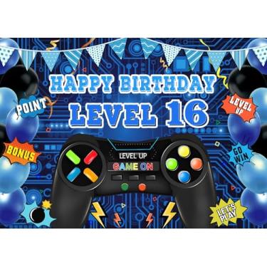 Imagem de LTDKAEN Tema de jogo, cenário de aniversário de 16 anos, decoração de festa de aniversário feliz de 16 anos, tema subir de nível, suprimentos para festa de aniversário para meninos e crianças (2 × 5