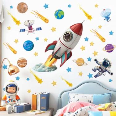Imagem de Runtoo Decalques de parede de grande navio-foguete espacial planetas astronauta adesivos de parede bebê berçário meninos crianças quarto de jogos decoração de parede