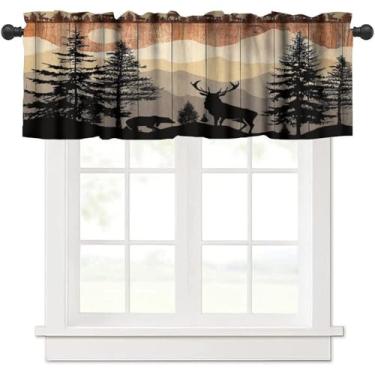 Imagem de Cortinas rústicas para cabana de cozinha, sanefas, casa de fazenda, retrô, urso, veado, alce, animais selvagens, tratamento de janela, cortinas curtas para banheiro, quarto, sala de estar, 137 x 45 cm