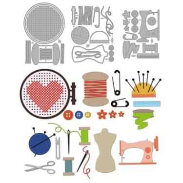 Imagem de MAYJOYDIY Moldes de corte de metal com tema Stitchwork, quadro de bordado, molde de corte, alfinetes, máquina de costura, estêncil de corte em relevo, para fazer cartões, faça você mesmo, scrapbook