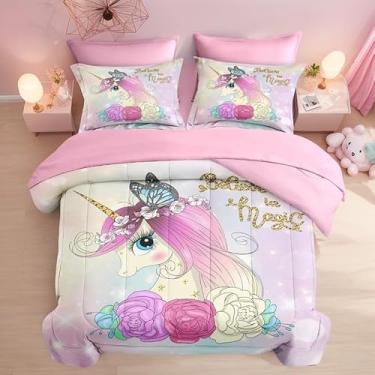 Imagem de WeCozy Conjunto de edredom Queen Size com 2 fronhas e 2 fronhas, 7 peças de cama de borboleta de unicórnio fofo para crianças e adolescentes, cama de cavalo com flor de princesa em uma bolsa com