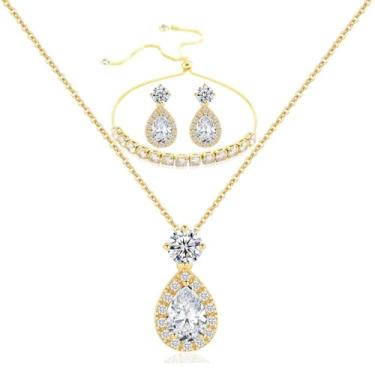 Imagem de secrezone Conjunto de colar de brincos de zircão de lágrima elegante banhado a ouro prata para damas de honra, joias de zircônia cúbica cintilante, presente de casamento, 4/5/6 peças, Pedra preciosa