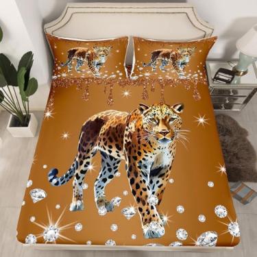 Imagem de Lençol solteiro, estampa de leopardo, arte fluida de lantejoulas, com 1 fronha, animal selvagem, guepardo, tecido decorativo macio, sem lençol de cima, presente de quarto