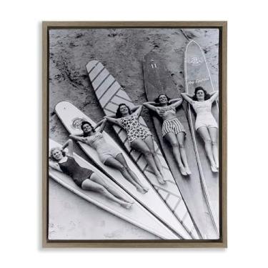 Imagem de Stupell Industries Vintage Women on Surfboards Brown Framed Floater Canvas Wall Art, design by Arlington Prints, 25 x 31