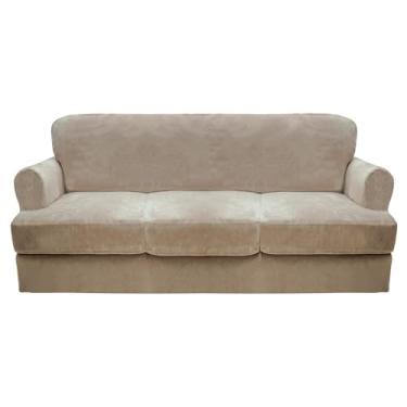Imagem de CUCRAF T Capa de sofá de 4 peças, capa de sofá de veludo grosso macio para sala de estar, protetor de móveis lavável de alta elasticidade com 3 capas de almofadas, (sofá, cáqui)