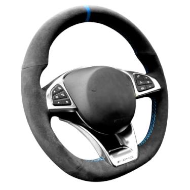 Imagem de Alfanxi Hand Stitch Steering Wheel Cover Fits Alcantara Material for Mercedes Benz AMG A45 / W205 C43 C63S/ CLA45 CLS63/ GLC 43 63/ E43 W213 /S-CLASS S500 (Blue Stripe)