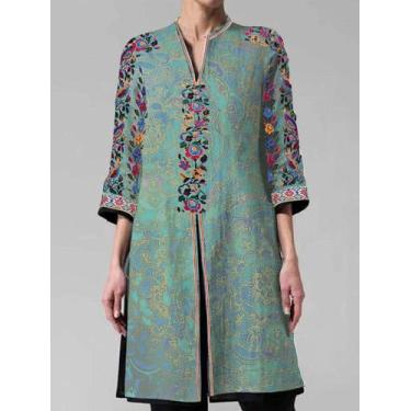 Imagem de Camisa Longa Feminina Plus Size - Estampa Floral Vintage com Gola Mand