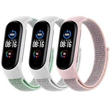 Imagem de Amzpas Pulseiras de nylon para Xiaomi Mi Band 5/Mi Band 6, pacote com 3 pulseiras de relógio de tecido macio ajustáveis respiráveis para mulheres e homens, areia rosa/verde menta/concha do mar