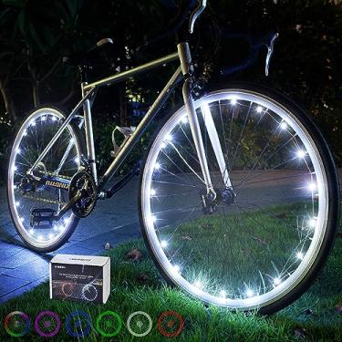 Imagem de DAWAY A01 Luzes de pneu de bicicleta de LED brancas – Luz brilhante para raios de bicicleta (2 peças), acessórios de segurança legais para rodas ou cadeiras de rodas, presentes divertidos para meninas, meninos e crianças, bateria incluída