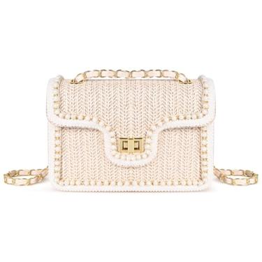 Imagem de OWGSEE Bolsas transversais de palha para mulheres verão pérola palha clutch bolsa de ombro tecido bolsas de férias, Bege, Medium