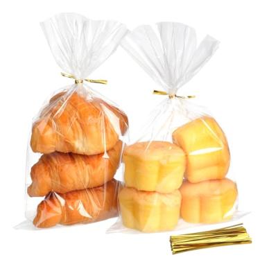 Imagem de RICEDUO Pacote com 100 sacos de guloseimas de celofane com laços torcidos - Sacos transparentes de lembrancinha de festa de 15 x 25 cm para doces, biscoitos, presentes de aniversário, chás de bebê e