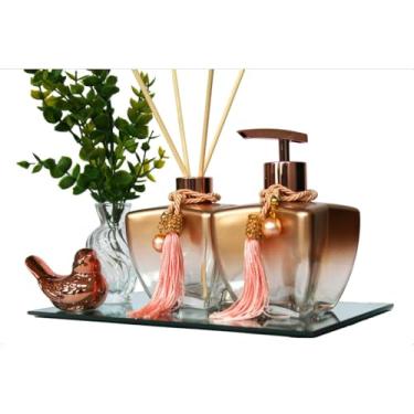 Imagem de Kit Banheiro Lavabo Frascos de Vidro Estrela 280ml Decoração Super Luxo C/Bandeja London (Degrade Rosê Pássarinho)
