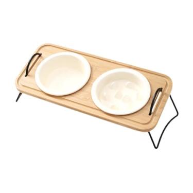 Imagem de Generic Tigelas de cerâmica elevadas para cães, comedouros para animais de estimação com suporte de madeira, economizadores de espaço, estáveis, 300 ml, 150, Bege