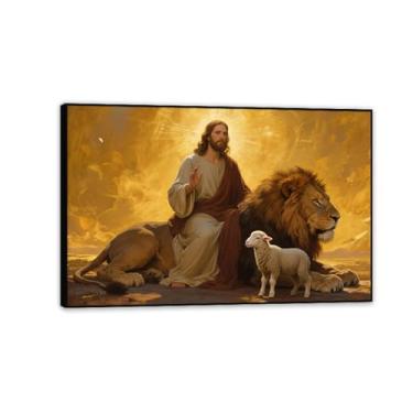Imagem de Decoração de parede Jesus e Leão Cristão Leão de Judá, arte de parede em tela, pintura de Deus para igreja, sala de estar, quarto, escritório, 90 x 60 cm (36 x 24 pol), moldura preta