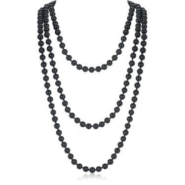 Imagem de GHGMAO Colares de pérolas longas para mulheres, colar de pérolas falsas pretas de 150 cm, colar de pérolas longas para festa de casamento, bijuteria Gatsby dos anos 20, 59", Pérola sintética, Sem