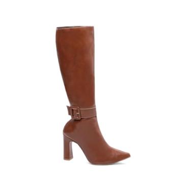 Imagem de EMILY ONLINE, Bota Feminina Cano Longo Salto Alto Grosso 9 cm Bico Fino com Tiras e Fivela Removivel (Caramelo, 37)