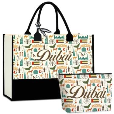Imagem de CHQIUCR Bolsa de lona Dubai para mulheres, lembranças, presentes de Dubai - Reutilizável Weekender Beach & Shopping Bag, presente de viagem ecológico, lembrança de férias, presentes de Natal
