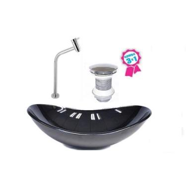 Imagem de Cuba de vidro oval 55cm  preta + valvula click + torneira metal - Cuba