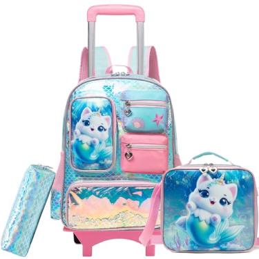 Imagem de Oruiji Mochila com rodinhas para meninas com rodas para escola leve sereia mochila com lancheira estojo lápis, Gato Z-azul