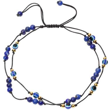 Imagem de Xfoxstal Tornozeleira feminina com contas de lápis-lazúli reiki em camadas, boa sorte, olho turco, proteção para praia, pedras preciosas feitas à mão, joias de amizade