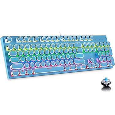 Imagem de Teclado para jogos, estilo punk de máquina de escrever retrô, teclado mecânico azul com 9 modos de iluminação RGB verdadeira, uso para jogos e escritório, teclado mecânico rosa elegante (tecla redonda) (104 teclas azul)