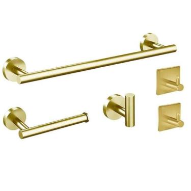 Imagem de Conjunto de banheiro dourado escovado - porta-papel, toalheiro e saboneteira | Acessórios de aço inoxidável com 5 peças, BG, conjunto de 5 peças