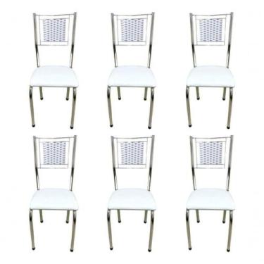 Imagem de Kit 6 Cadeira Jantar Moderna Cromada Aço Junco Cozinha Sala Branco Cro