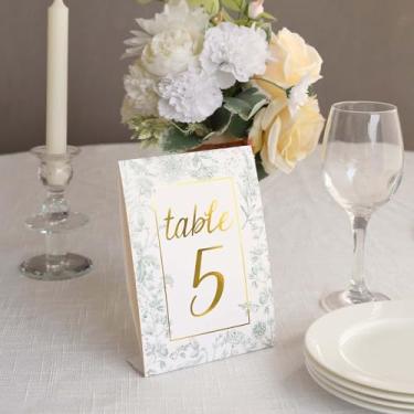Imagem de Números de mesa Chinoiserie 1-25 - Números de mesa de casamento elegantes com folha dourada - Cartões florais azuis para recepção de casamento (verde sálvia)