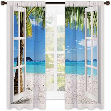 Imagem de Cortina blackout turquesa, palmeiras tropicais na ilha oceano praia através de janelas de madeira branca, decoração de janela de festa de cerimônia de casamento, L 132 x C 239 cm branco azul
